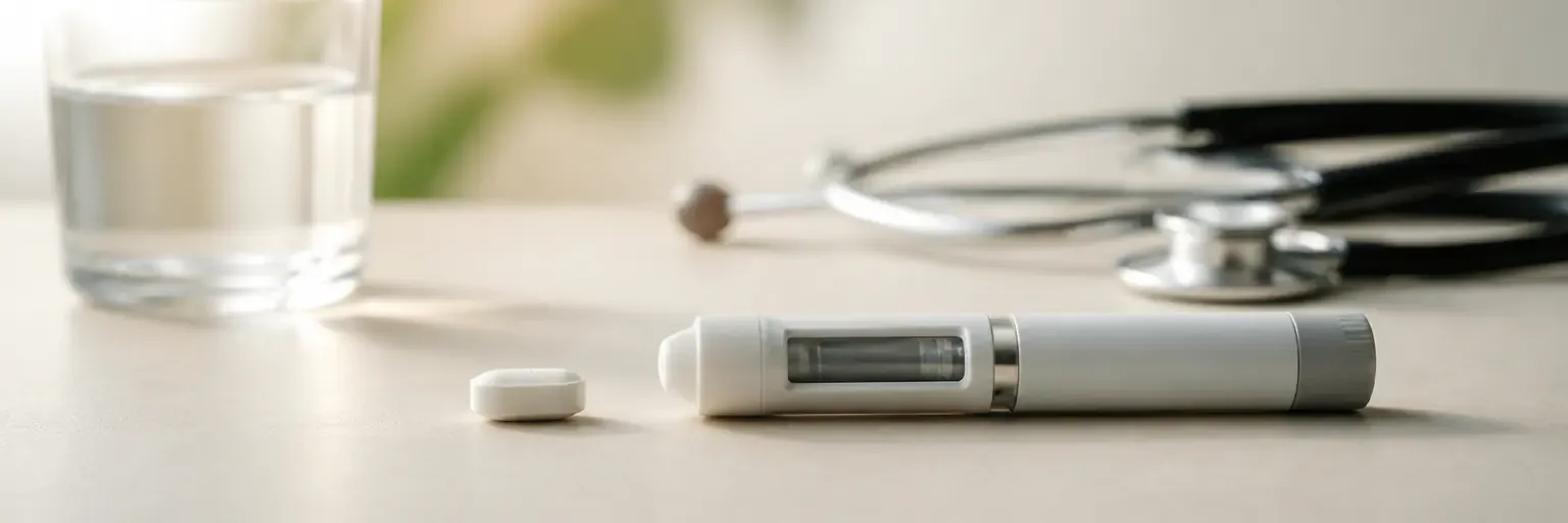 Unbranded oral tablet and weekly injector pen side by side with a glass of water and stethoscope on a light neutral surface.
