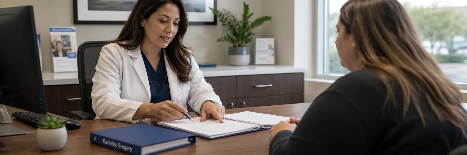 clinician reviewing bariatric surgery cost and insurance paperwork with a patient at a consultation desk
