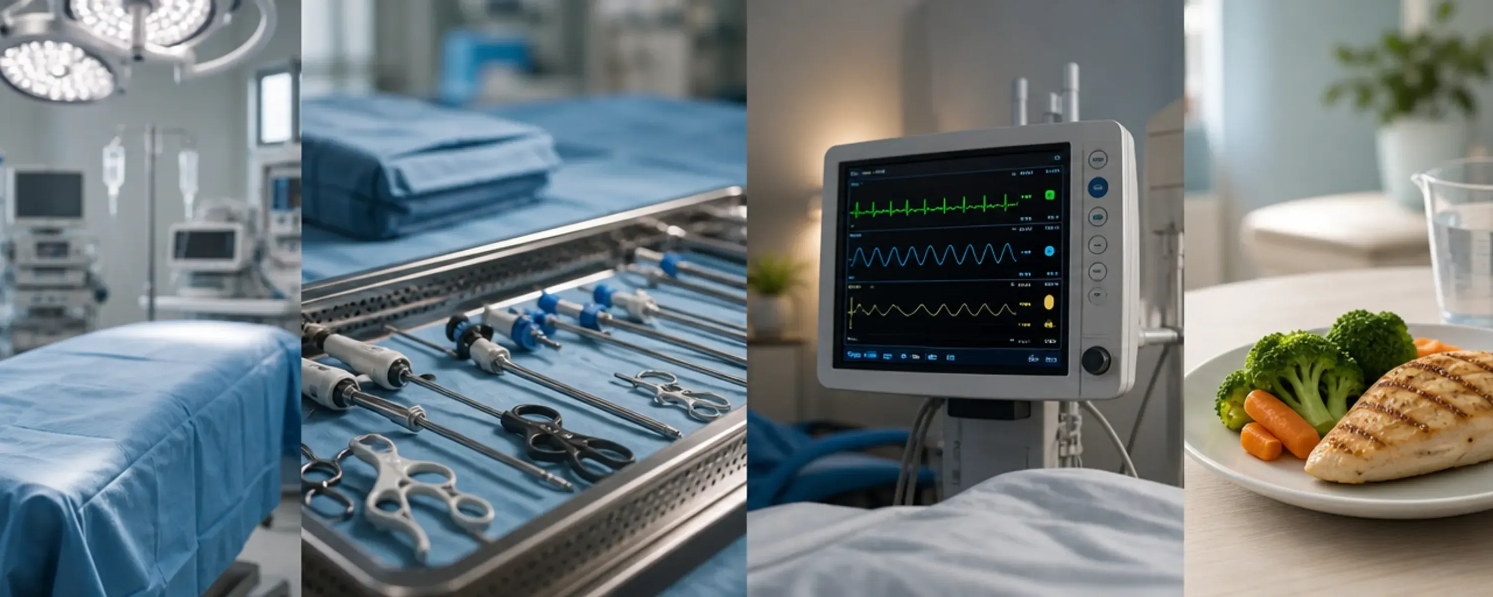 Editorial mosaic of a draped operating-room table, laparoscopic instrument tray, recovery-room vitals monitor, and a small bariatric portion meal.