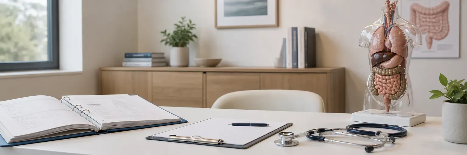 Editorial photograph of a calm surgical consultation desk with an open patient chart, a stethoscope, a clipboard, and a small transparent anatomical torso model showing the digestive tract.