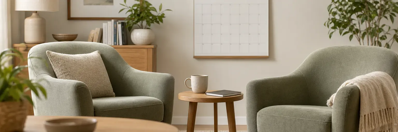Warm, unbranded therapist office with two soft chairs, a coffee mug on a side table, and a small wall calendar in the background.