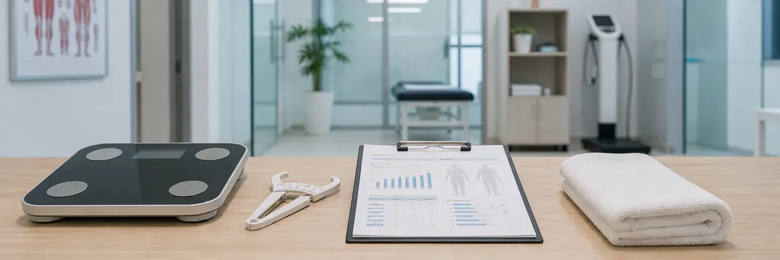 a modern outpatient body-composition testing suite with an unbranded bio-impedance scale, calipers, an open body-composition report, and a folded towel on a bench under clean white lighting