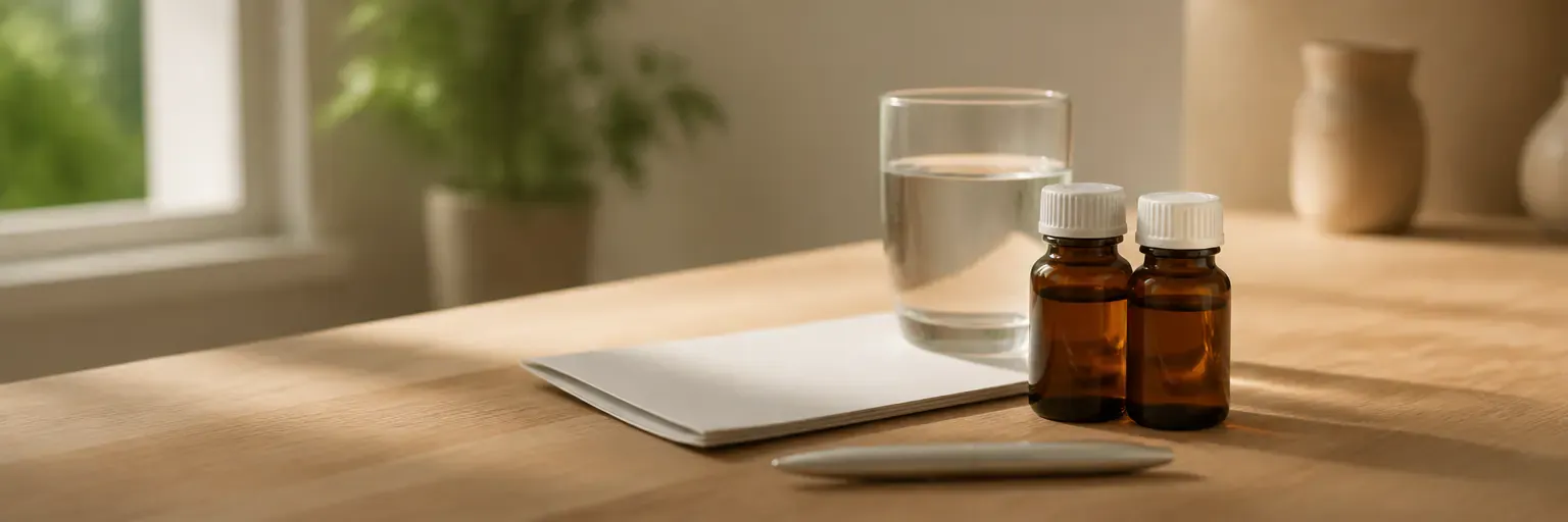 Two unbranded amber pharmacy vials beside a plain patient-information pamphlet, a glass of water, and a pen on a light oak counter in soft natural light