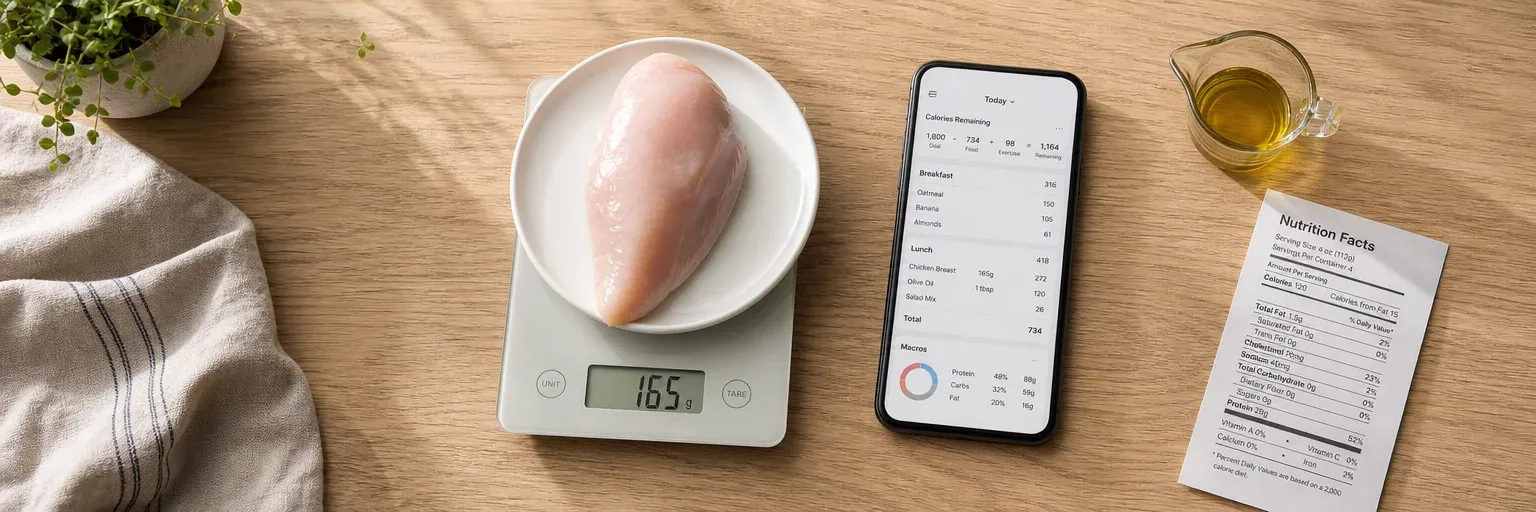 Overhead flat-lay of a digital kitchen scale weighing chicken breast, a phone open to a calorie-tracking app, a small measuring cup with olive oil, and a printed nutrition label on a light oak counter.