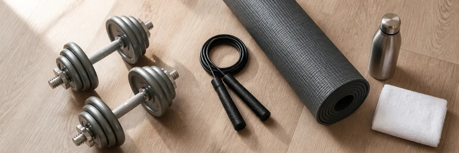 Overhead flat-lay of a home training space: one pair of adjustable dumbbells, a folded jump rope, a rolled charcoal yoga mat, a stainless-steel water bottle, and a folded small towel on a light oak studio floor in soft morning light.