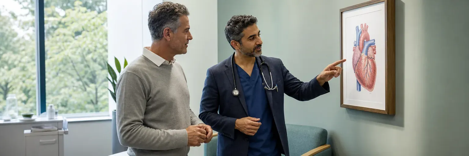 Cardiologist reviewing heart health and weight-related risk factors with a middle-aged patient in a bright modern outpatient office