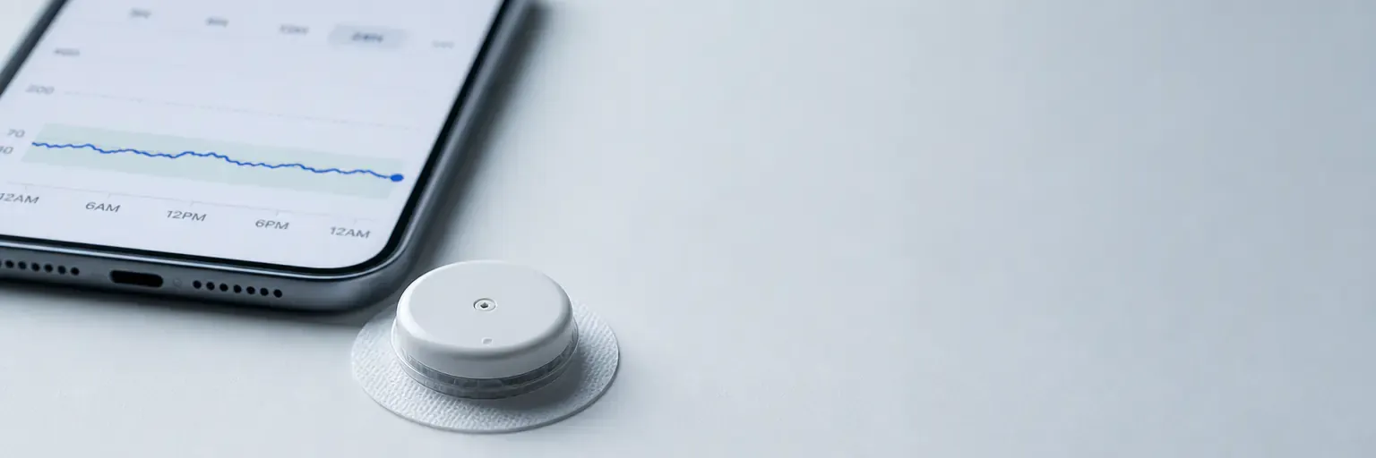 Unbranded round continuous glucose monitor sensor patch on a clean matte surface beside a smartphone showing a flat glucose trace, illustrating CGM use for weight loss and metabolic health.