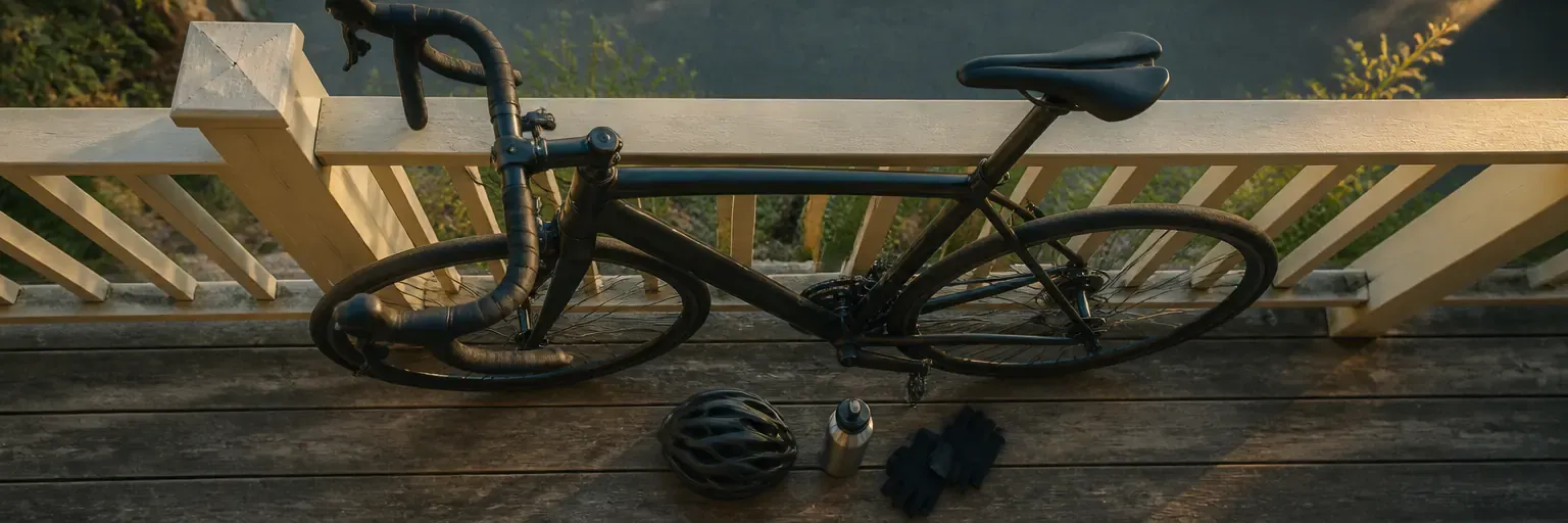 Overhead view of a road bike, cycling helmet, water bottle, and folded cycling gloves on a light wooden porch at dawn, no rider