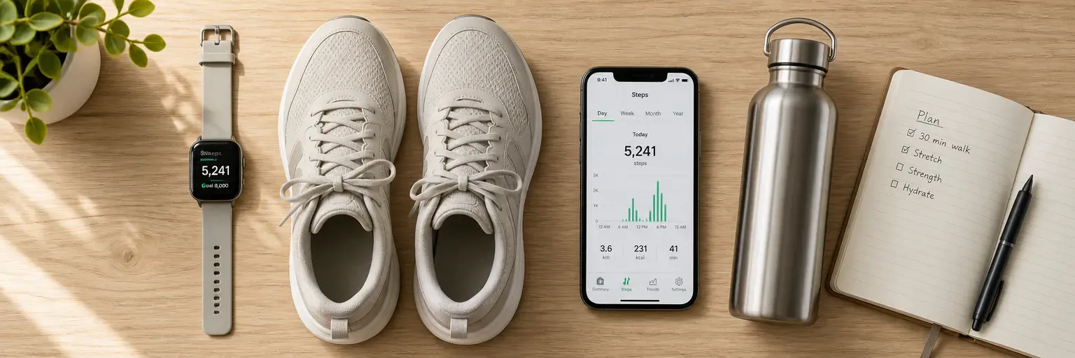 Overhead flat-lay of a fitness watch displaying step count, a pair of walking shoes, a water bottle, a phone with a step-tracker app, and a small notebook on a light oak counter.