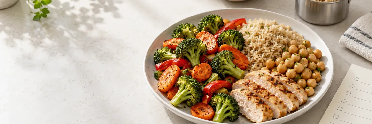 Vegetables, legumes, whole grains, lean protein, and a blank meal-planning checklist on a kitchen counter