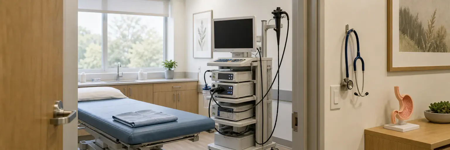 Modern outpatient endoscopy suite with an unbranded endoscopy tower, folded gown on the exam table, and a small anatomical stomach model on a shelf.