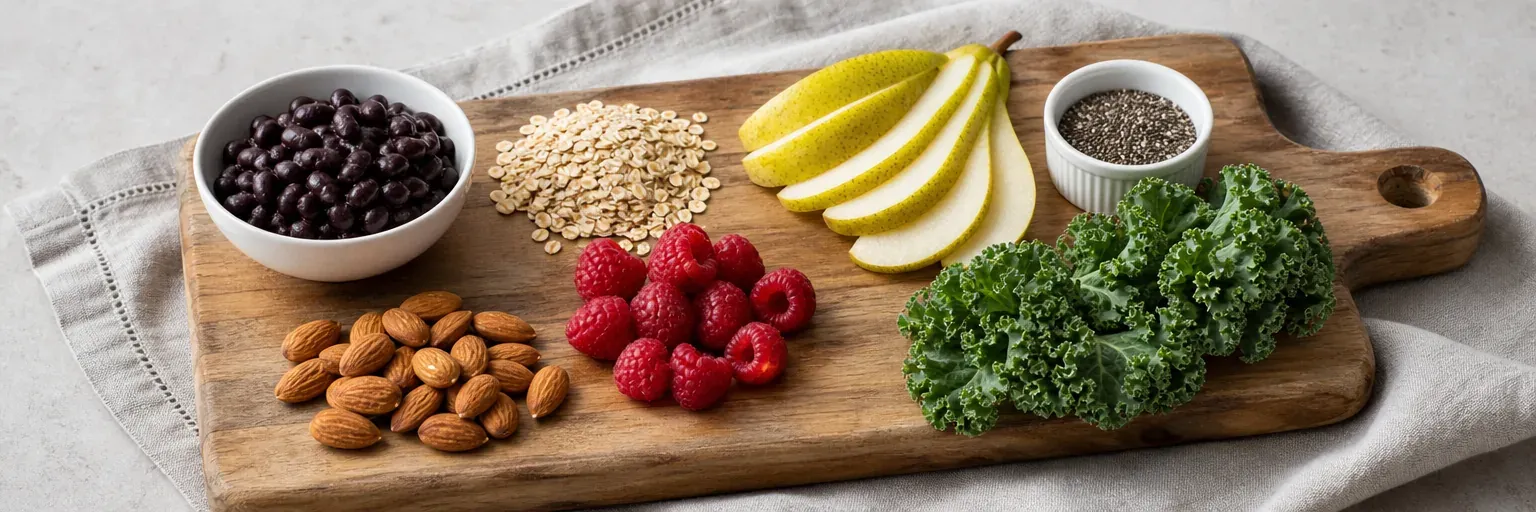 assortment of high-fiber whole foods including beans, oats, berries, and leafy greens