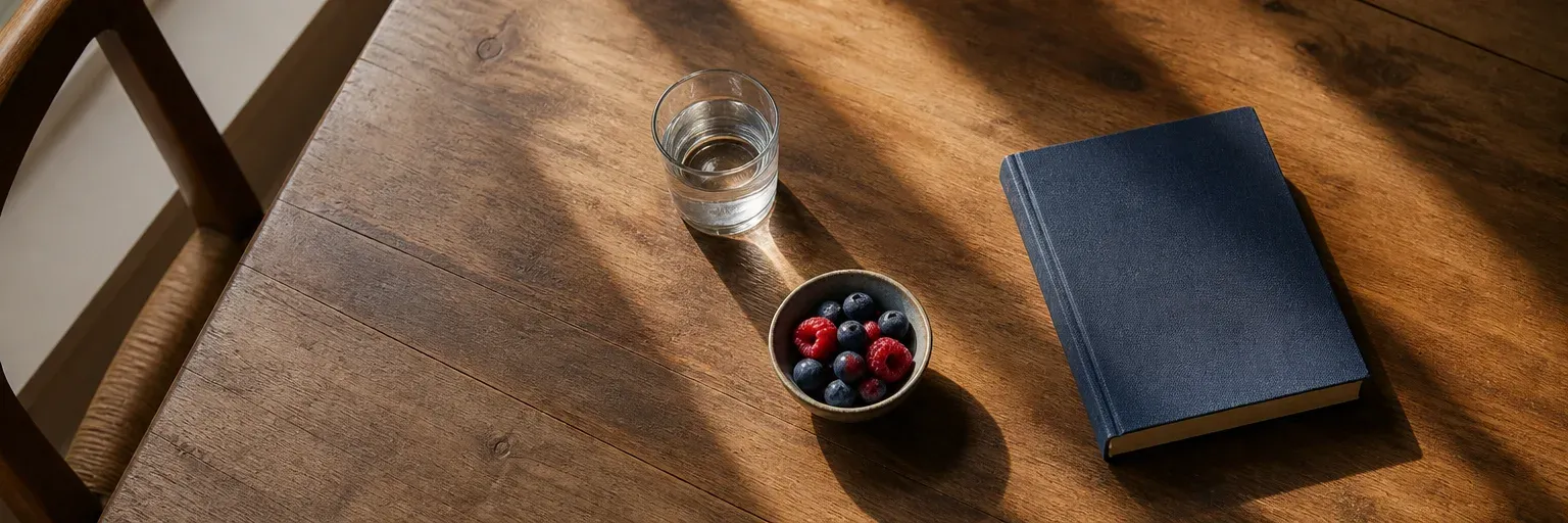Overhead flat lay of a calm wooden dining table with a glass of water, small bowl of berries, and an open book in soft afternoon light