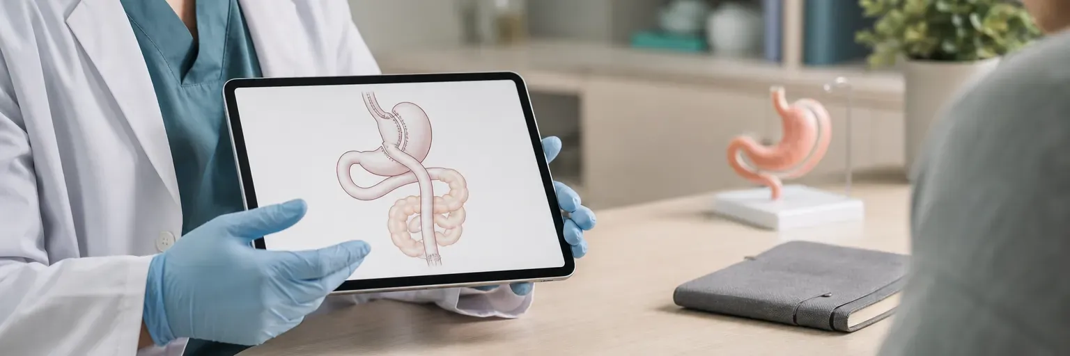 bariatric surgeon reviewing a Roux-en-Y anatomical diagram on a tablet in a clinic consultation room