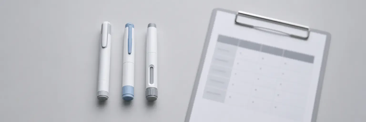 three GLP-1 injection pens arranged side by side on a clinician's desk for comparison