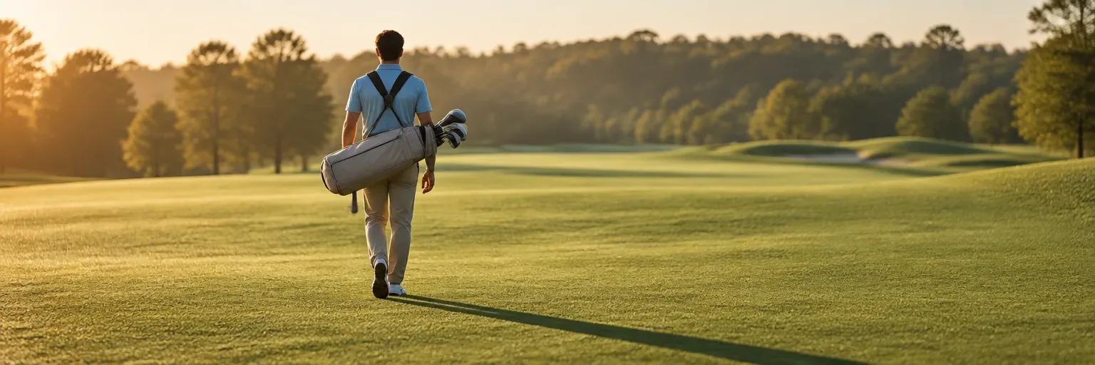 A golfer seen from behind walking along a fairway at sunrise, carrying a golf bag on a dual-strap harness, long morning shadow across the grass