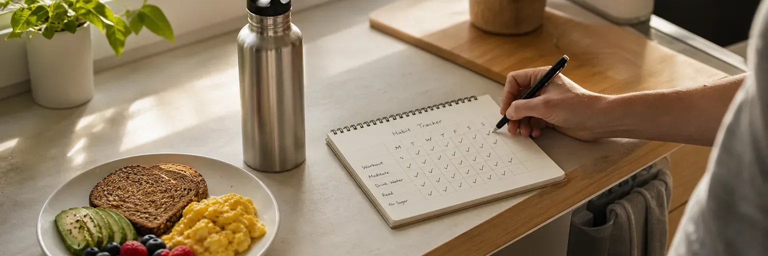 kitchen countertop with a small habit tracker, water bottle, and a protein-forward breakfast plate in morning light