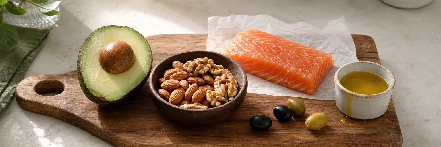 Editorial overhead of a wooden board with avocado, mixed nuts, salmon fillet, olive oil, and olives showing healthy fat sources for weight loss