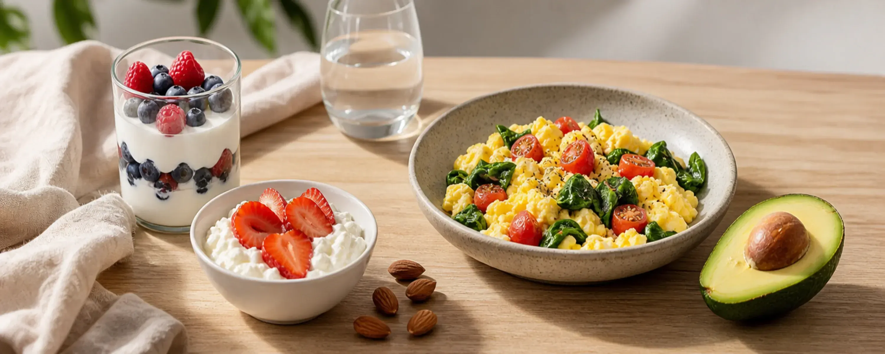 High-protein breakfast spread on a light wooden surface with Greek yogurt and berry parfait, scrambled eggs with spinach and tomatoes, cottage cheese with strawberries, almonds, and avocado