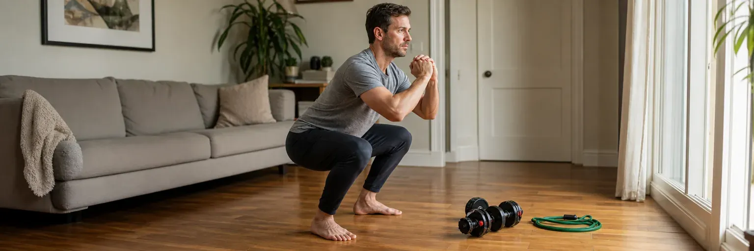Adult performing a bodyweight squat during a home workout in a naturally lit living room with resistance bands and a small dumbbell nearby