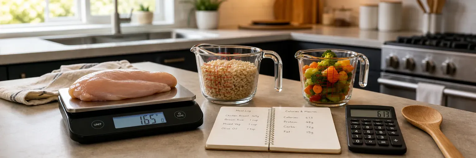 kitchen counter with food scale, measuring cups, chicken, rice, and a calorie-tracking notebook representing how many calories to lose weight