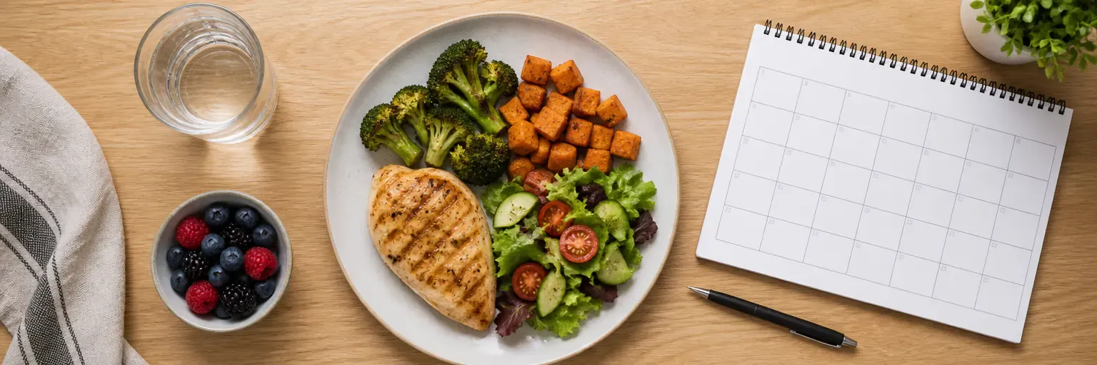 Overhead flat-lay of a weight-loss plate with grilled chicken, roasted broccoli, sweet potato, side salad, a glass of water, a bowl of berries, and a blank 2-week wall calendar on a light oak counter