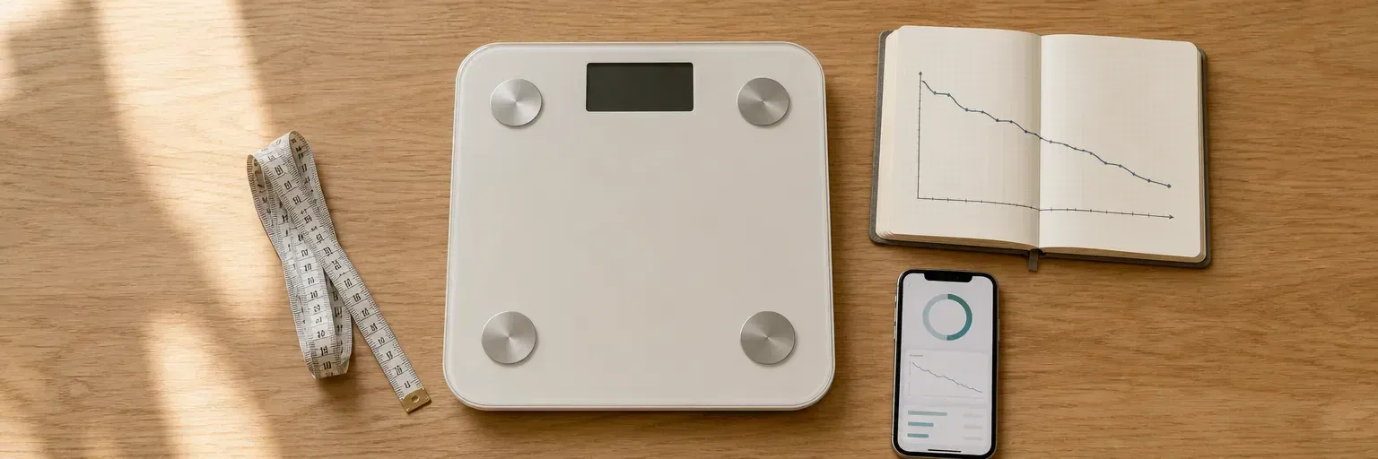 Overhead editorial still-life of a bathroom scale, a folded cloth tape measure, a notepad with a rolling-average chart, and a smartphone on a light wood table.