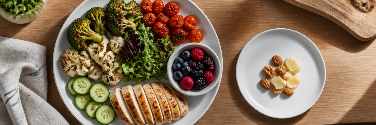 Overhead view of a large white plate loaded with roasted broccoli, cauliflower, cherry tomatoes, greens, grilled chicken, and berries, next to a much smaller plate of nuts and cheese for calorie-density contrast.