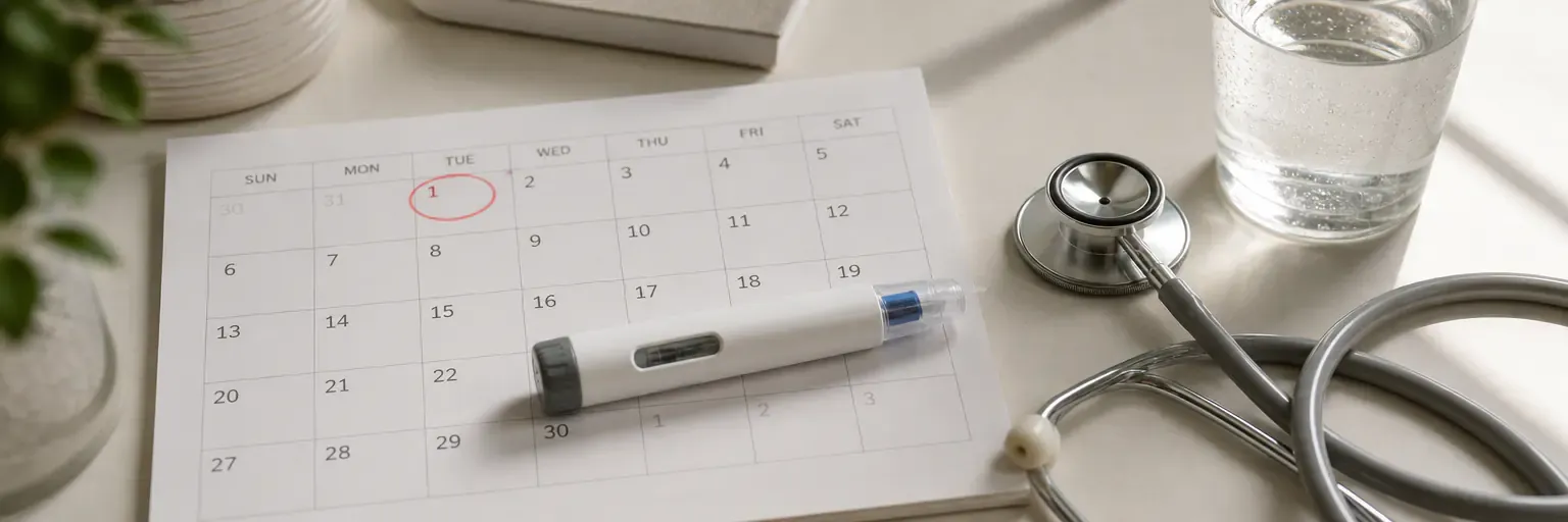 Unbranded monthly-dose auto-injector on a calendar with the first of the month circled, stethoscope, and water on a light neutral surface.