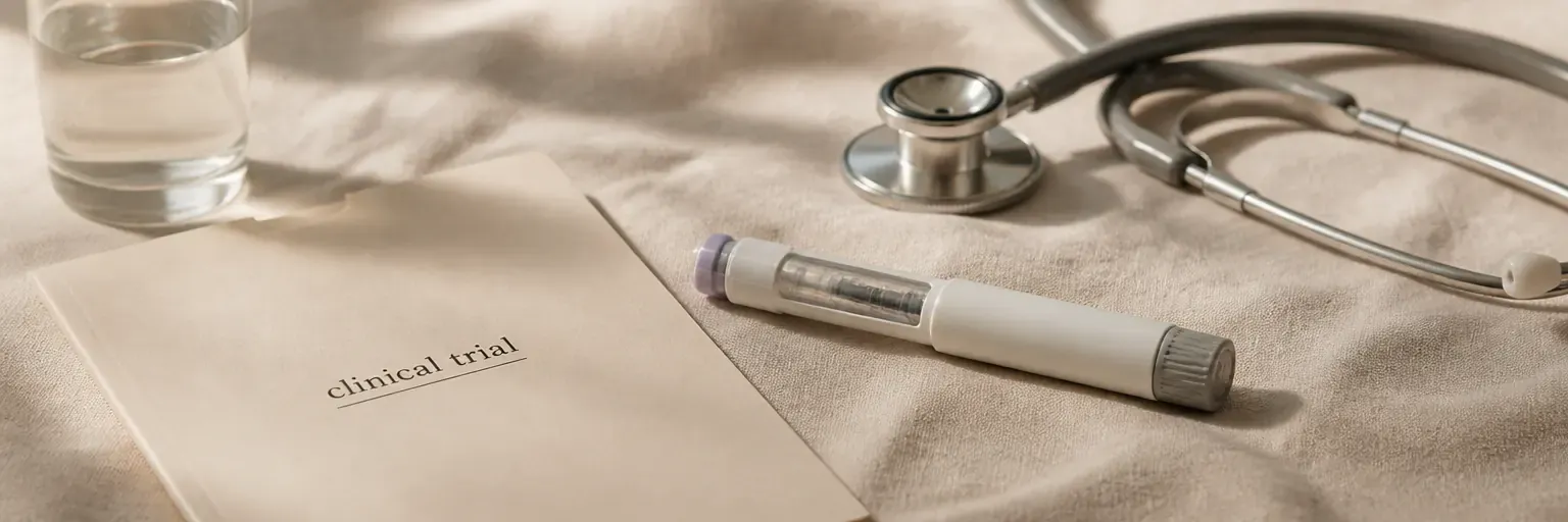 Unbranded weekly injector pen, clinical trial folder, stethoscope, and glass of water on a warm neutral surface.