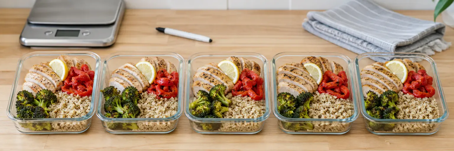 Five clear-glass meal-prep containers with cooked chicken, quinoa, roasted broccoli, and red bell pepper, arranged on a wooden counter with a kitchen scale and pen.