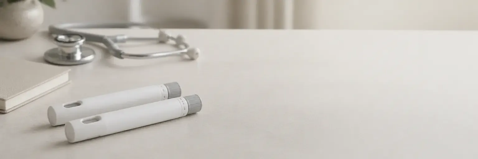 Two unbranded weekly injector pens side by side on a light matte counter with a stethoscope and small notebook, illustrating the same-molecule / two-brand comparison.