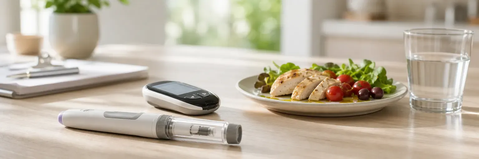 unbranded tirzepatide-style injectable pen beside a blood-glucose meter and a lean Mediterranean plate