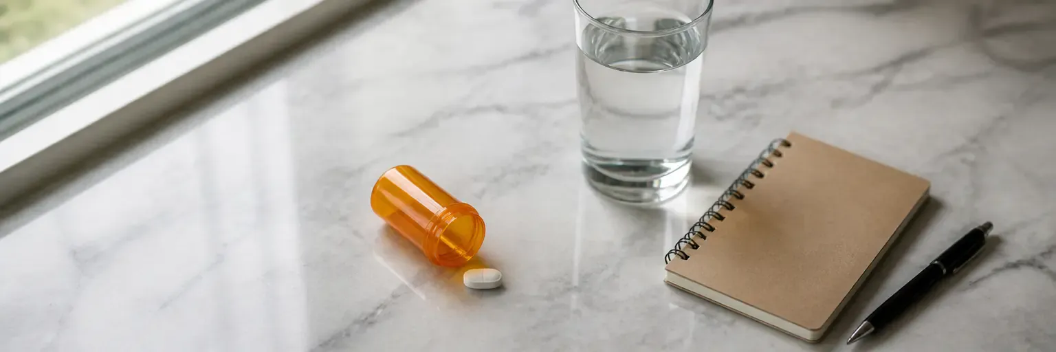 Oval weight-loss medication tablet next to a glass of water and notes on a light gray countertop.
