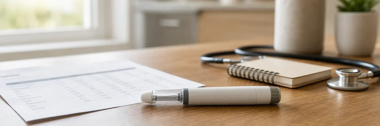 unbranded GLP-1 injectable pen on a clinician's desk with a lipid-panel printout and note pad