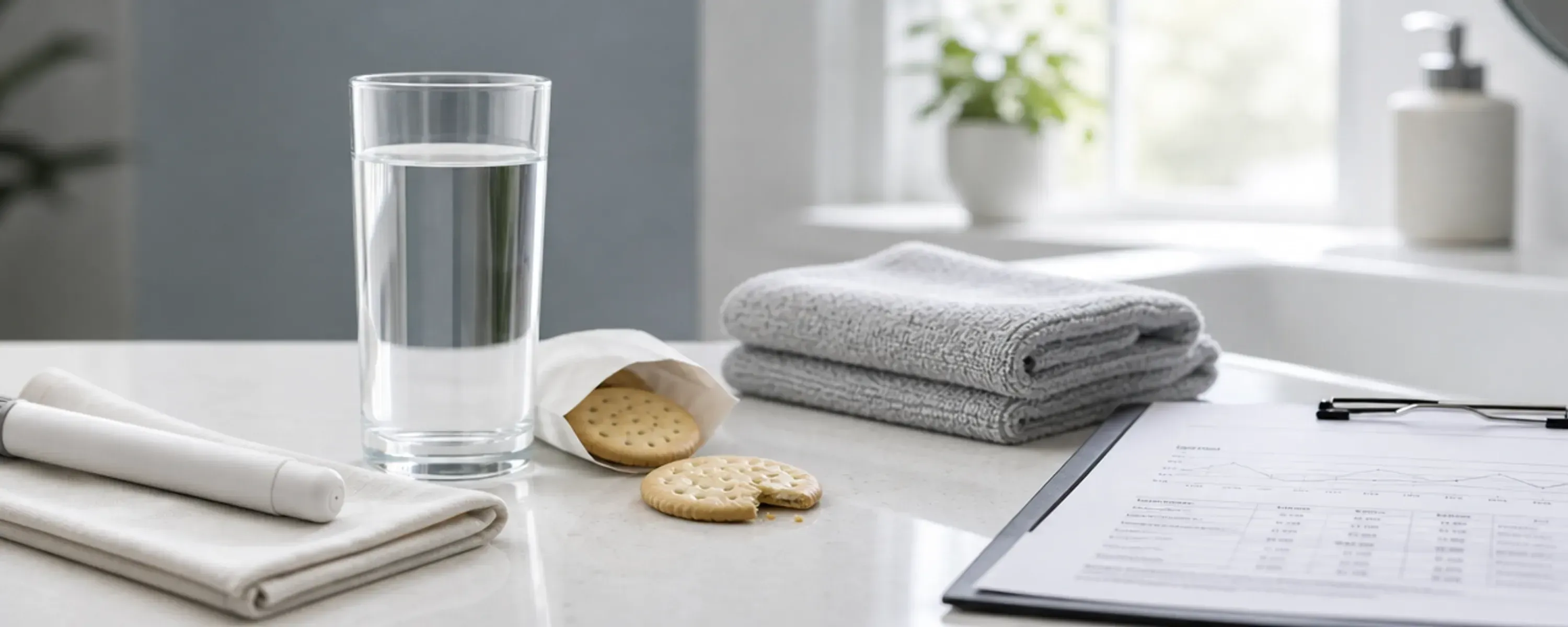 Unbranded weekly injection pen beside a glass of water and a paper sleeve of soda crackers, folded washcloths, and a printed lab report.