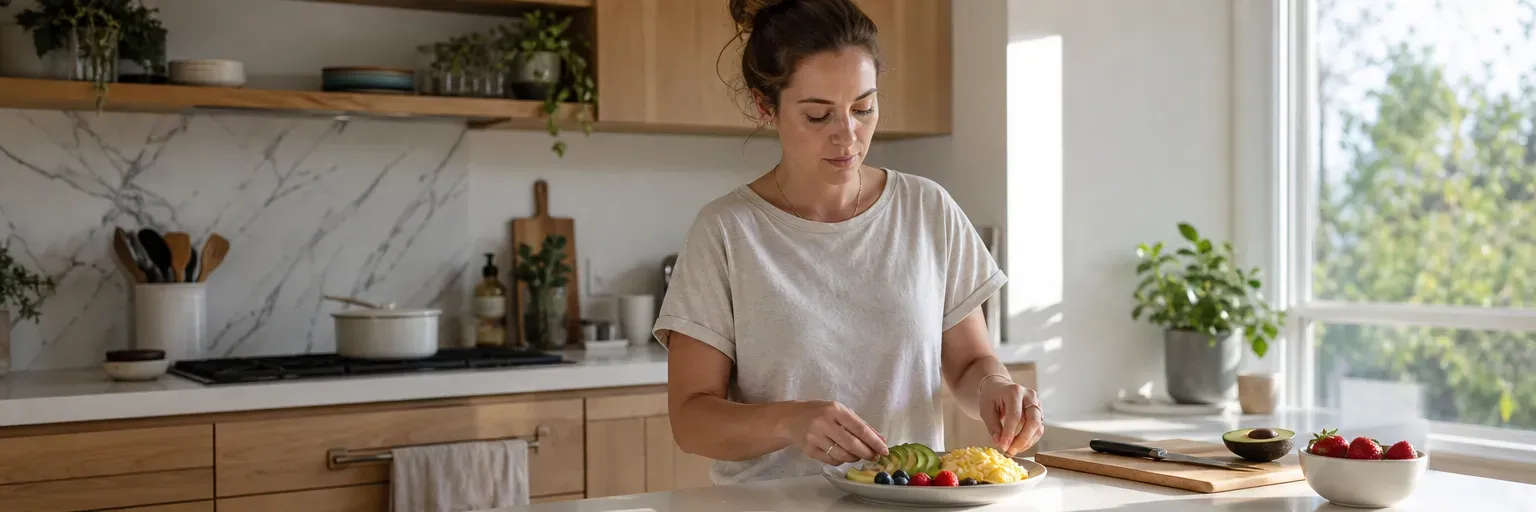 Woman preparing a high-protein PCOS-friendly breakfast in a sunlit kitchen