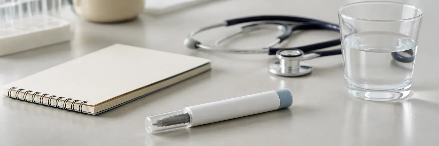 Unbranded weekly injector pen beside a small notebook, stethoscope, and glass of water on a matte laboratory bench.