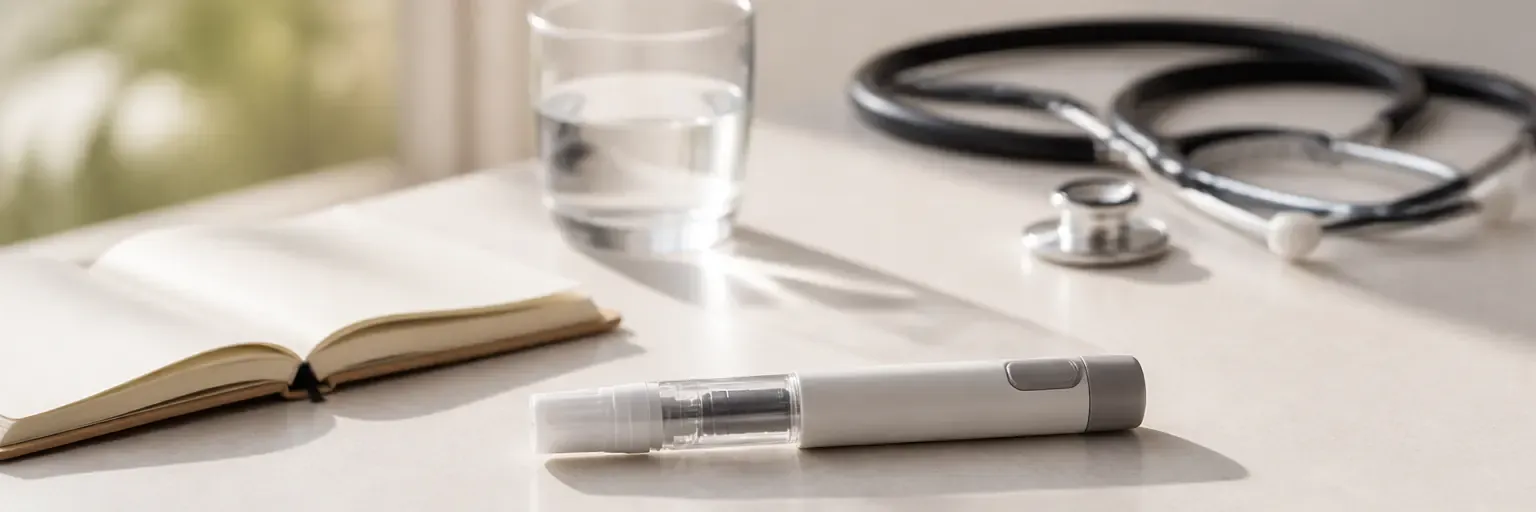 Unbranded weekly injector pen on a light matte laboratory bench with a notebook, stethoscope, and glass of water.