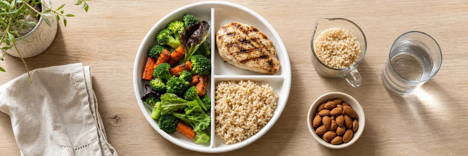 dinner plate divided using the plate method with vegetables, chicken, and rice representing portion control for weight loss