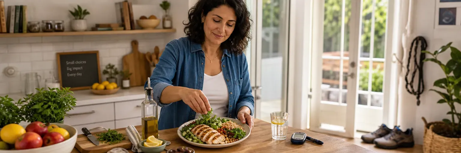 adult preparing a Mediterranean-style plate at a sunlit kitchen counter with walking shoes and a glucometer nearby as part of a prediabetes-friendly weight-management routine