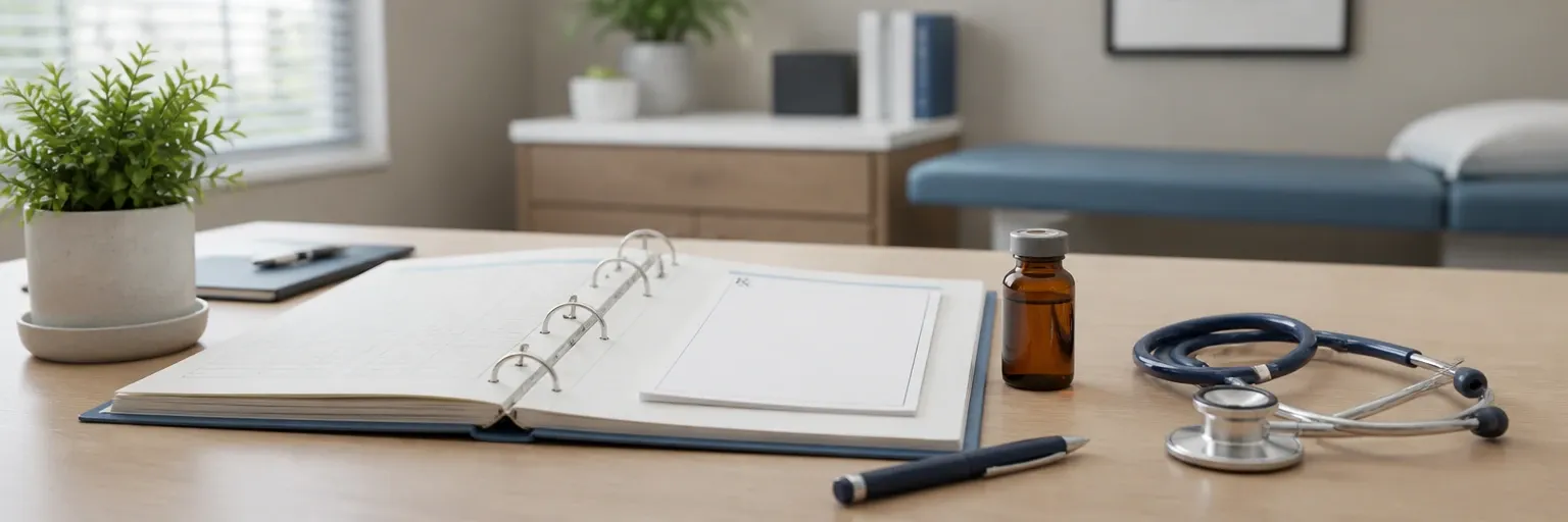 clinician consultation desk with unbranded prescription pad, amber vial, stethoscope, and patient chart representing anti-obesity pharmacotherapy prescribing