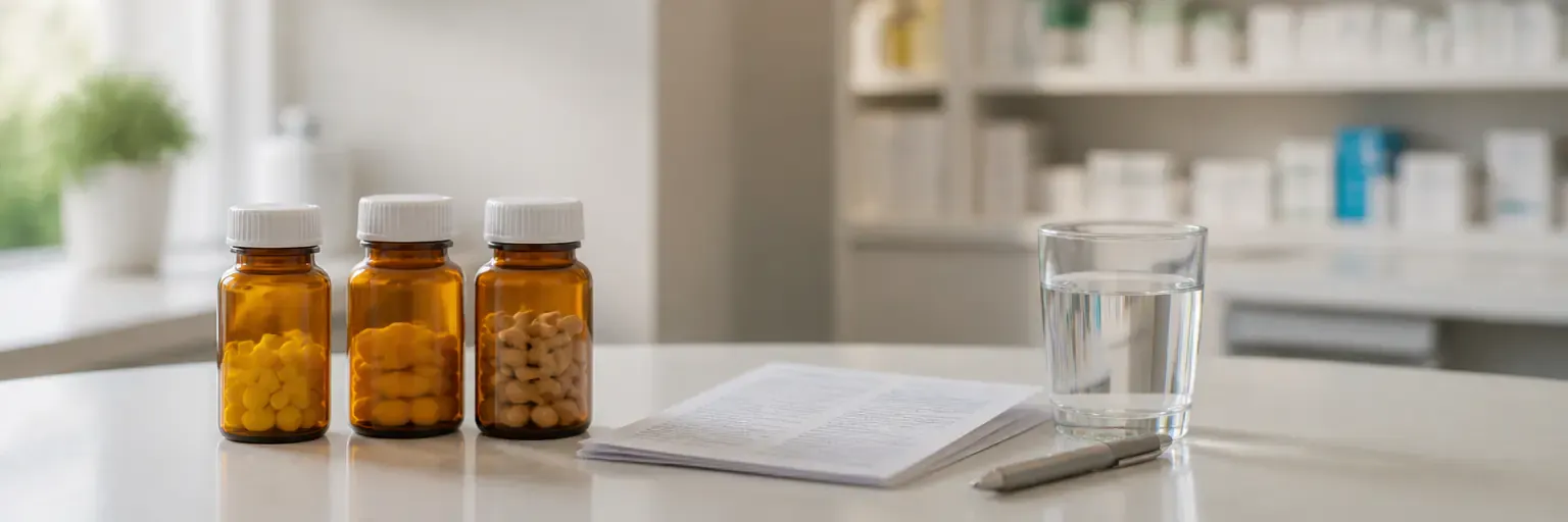 Three unbranded amber pill bottles and a folded pharmacy pamphlet beside a glass of water and a pen on a clean pharmacy counter in soft natural light