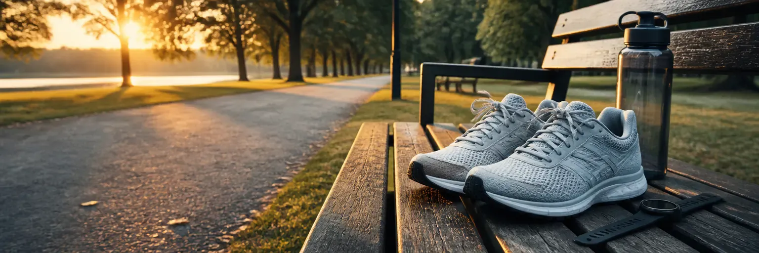 Morning park path at sunrise with unbranded running shoes on a wooden bench, a stainless water bottle, and a sports watch beside them, no people in frame