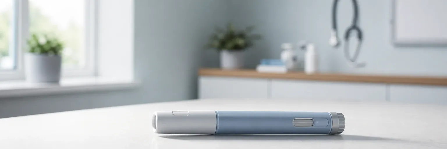 Unbranded injection pen device resting on a clean clinical desk in soft daylight, representing daily GLP-1 therapy for weight loss.