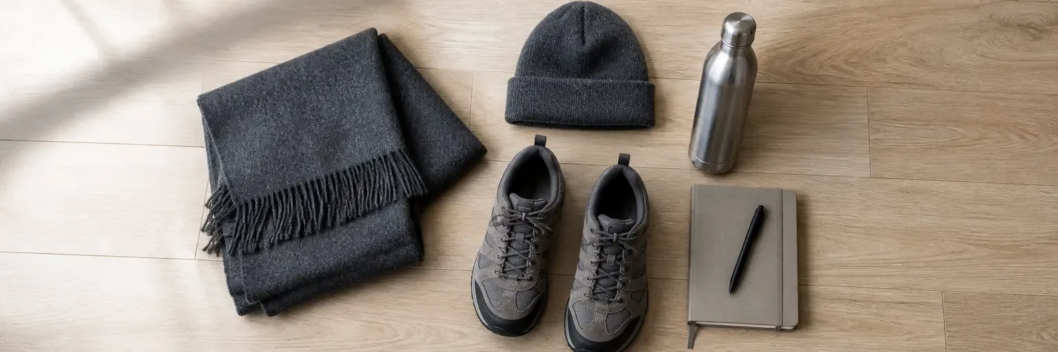 Overhead flat-lay of a winter walking scene: a folded charcoal-gray wool scarf, one wool beanie, a stainless-steel water bottle, a pair of walking shoes turned to the side, and a small notebook with pen on a light oak floor in soft window light.