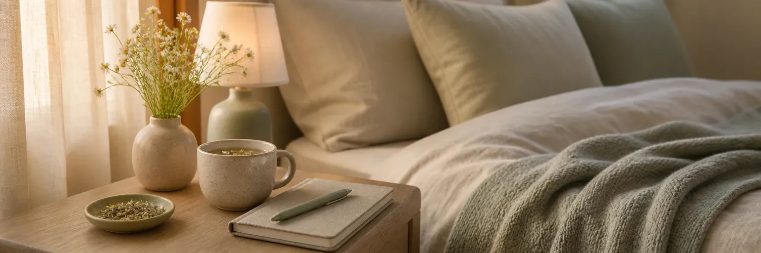 quiet bedside table with chamomile tea, notebook, and soft throw representing sleep and stress recovery for weight management