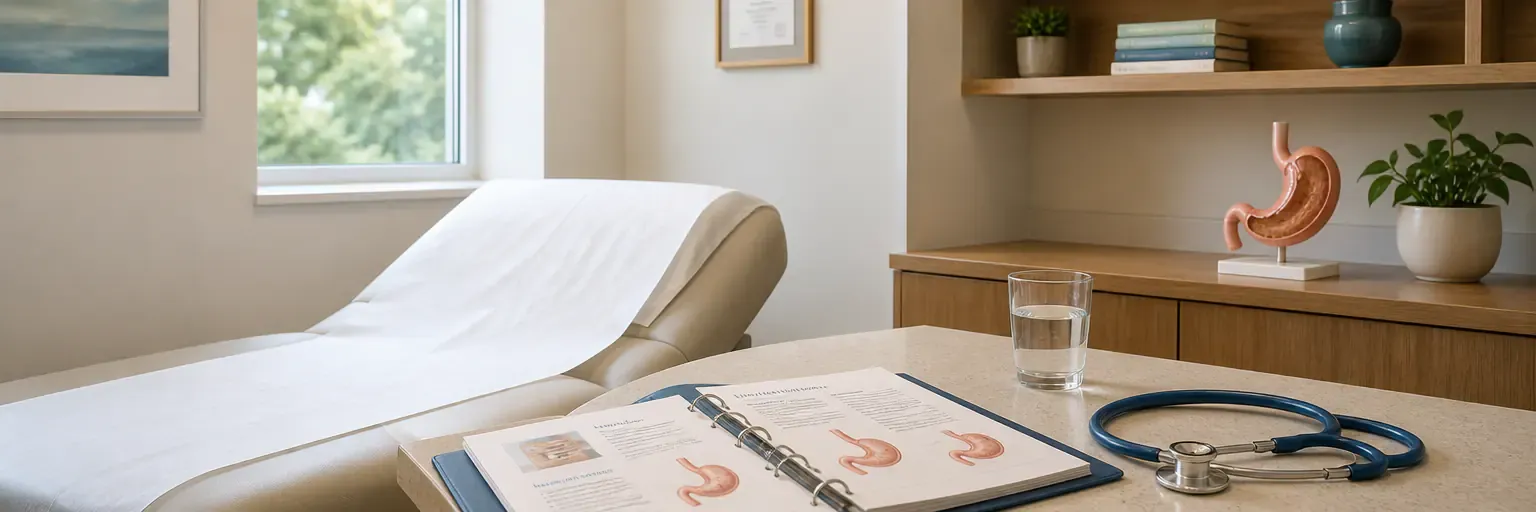 Editorial photograph of a calm bariatric clinic exam room with a folded-paper-covered exam table, stethoscope, patient-education binder, water glass, and a small anatomical stomach model on a wooden shelf.
