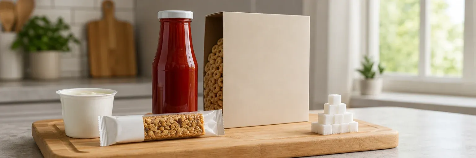 Common foods that contain hidden added sugar arranged beside sugar cubes representing the daily limit