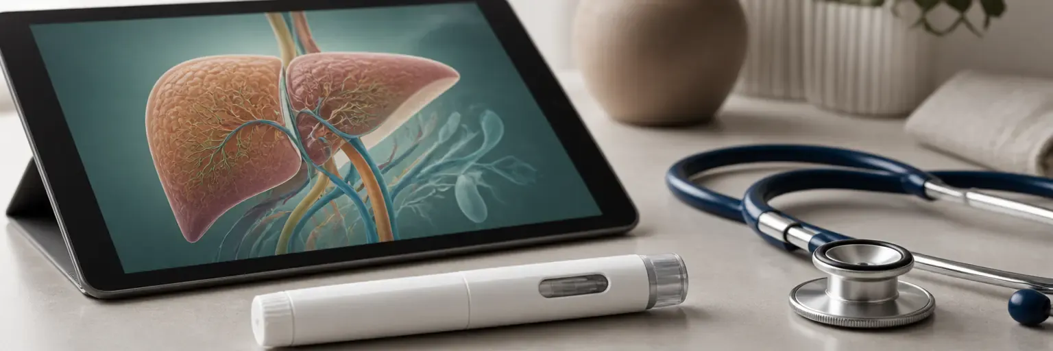 Unbranded weekly injector pen, tablet with liver-anatomy chart, and stethoscope on a soft neutral surface.